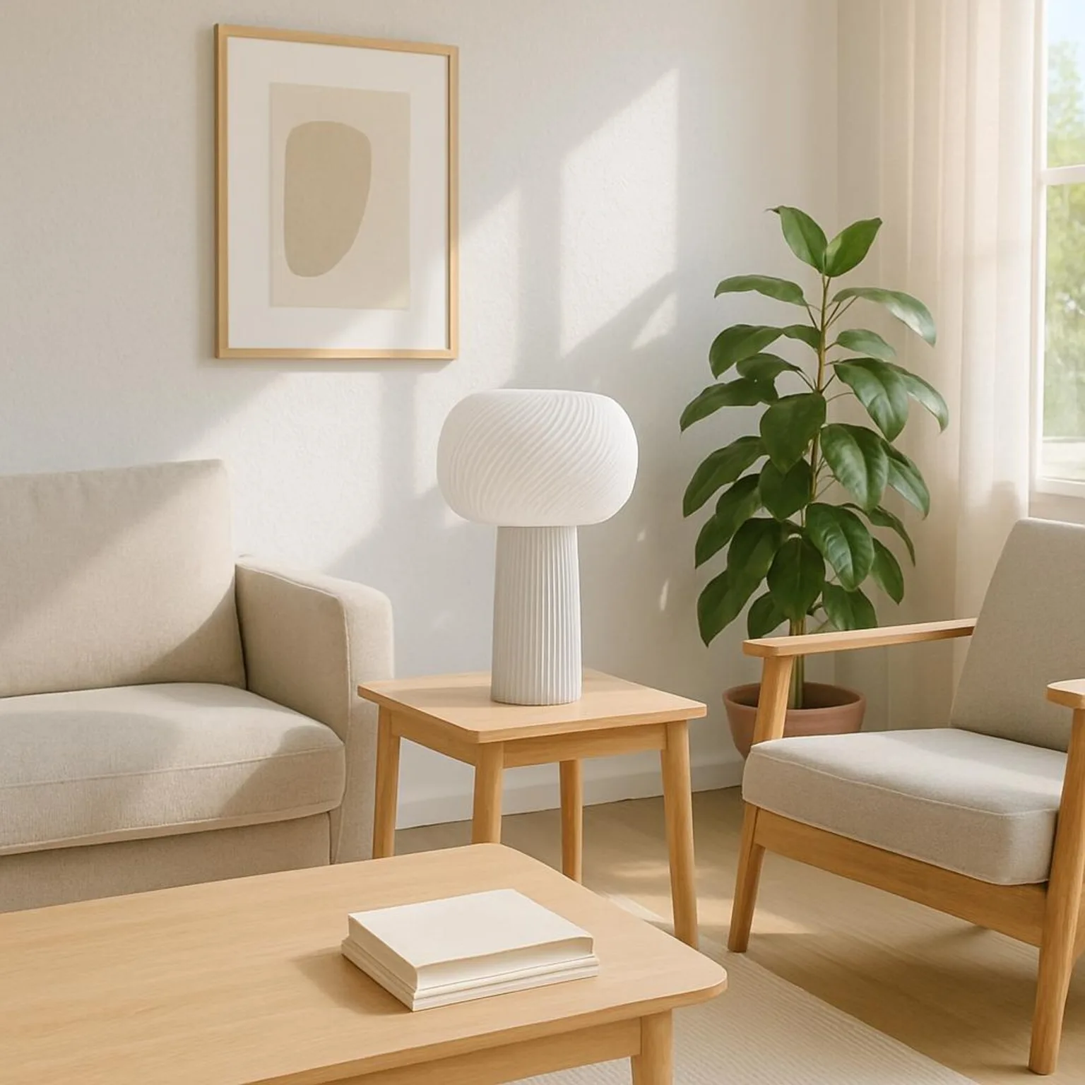 Luminária Âmbar apagada sobre a mesa lateral, à luz do dia