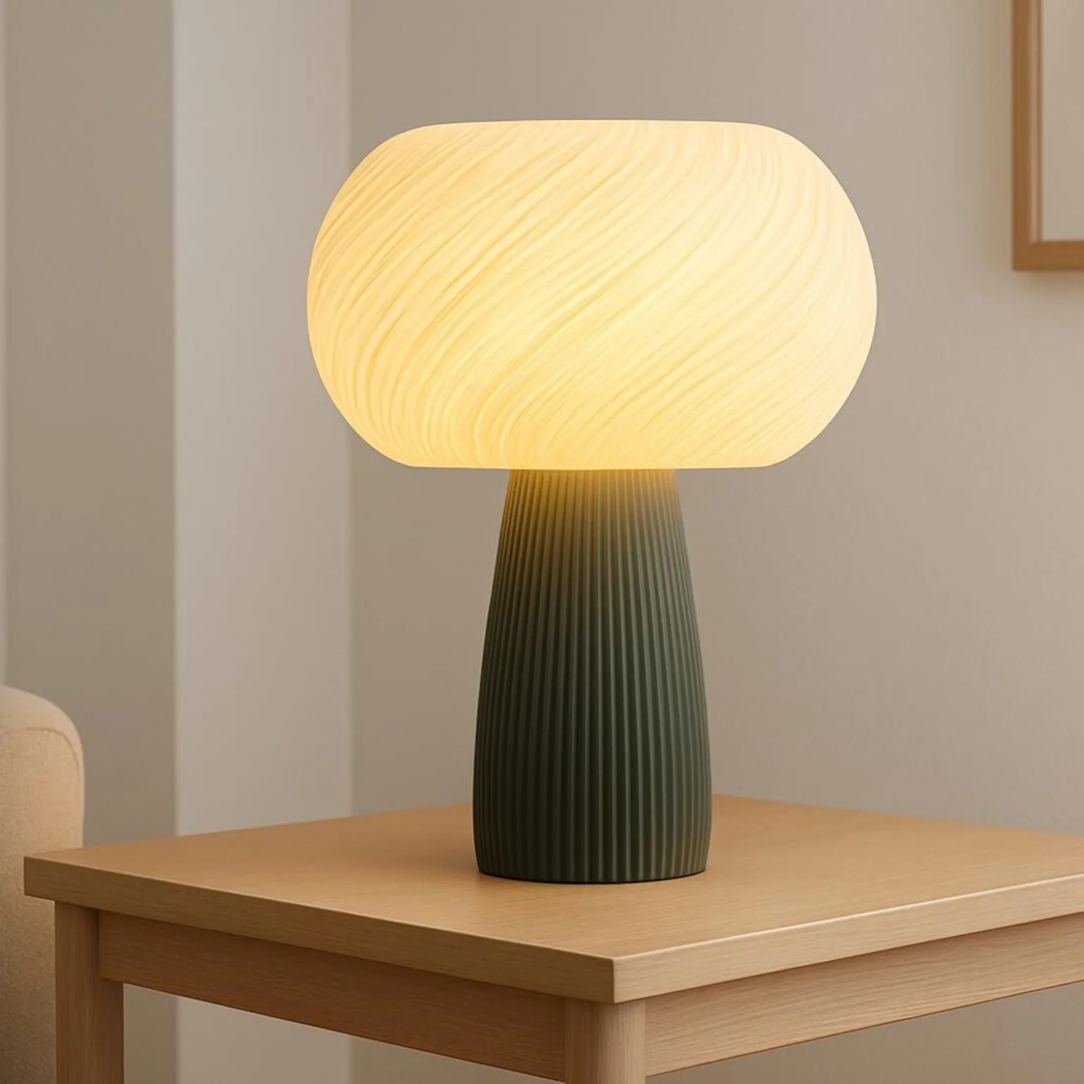 Luminária Âmbar acesa sobre uma mesa de canto de madeira