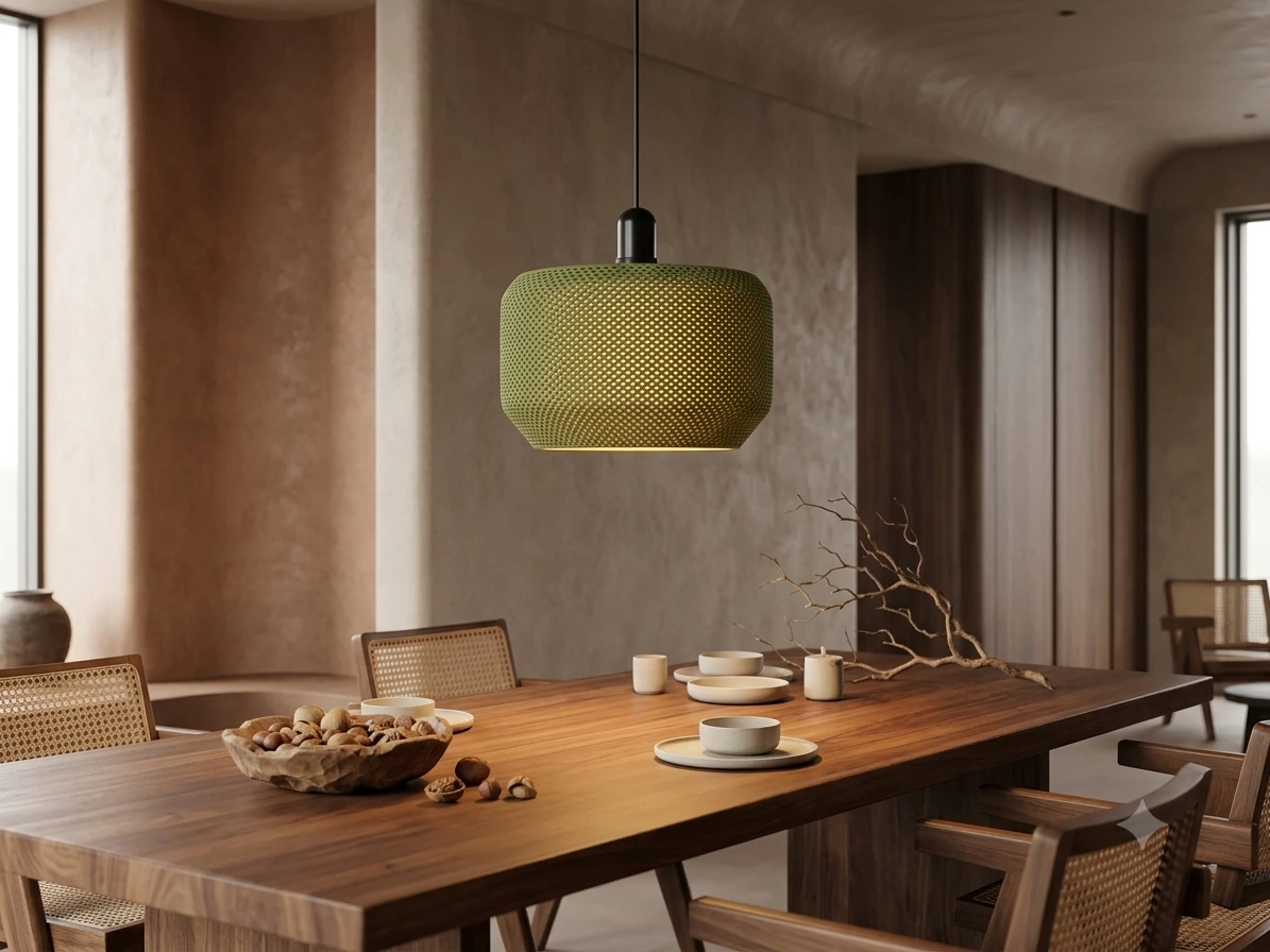Pendente Jade aceso sobre uma mesa de jantar de madeira posta para o café